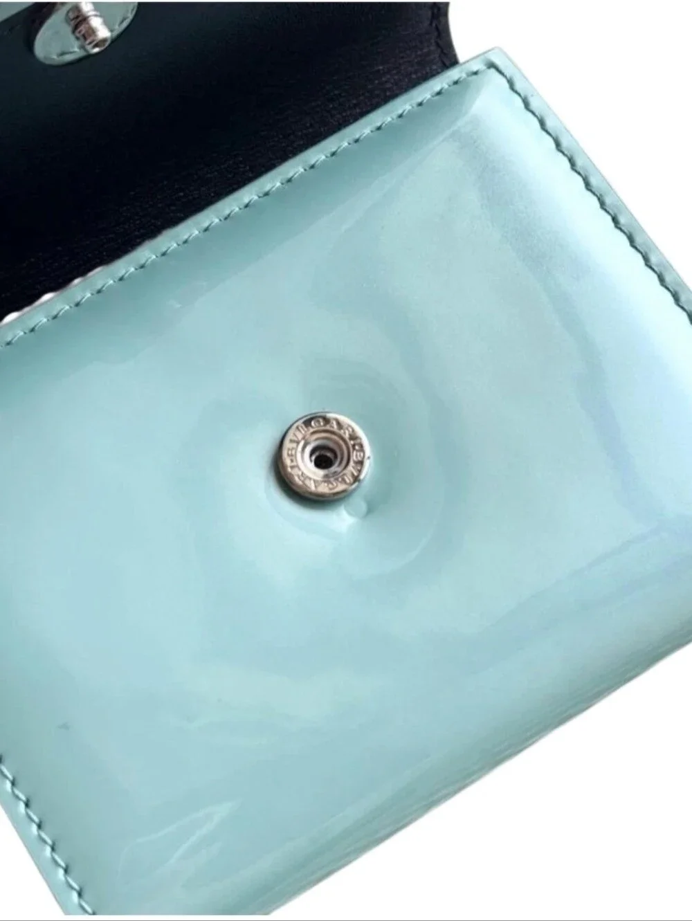 Bvlgari Serpenti Forever Trifold Wallet In Blue Aquamarine And Patwnt Leather.